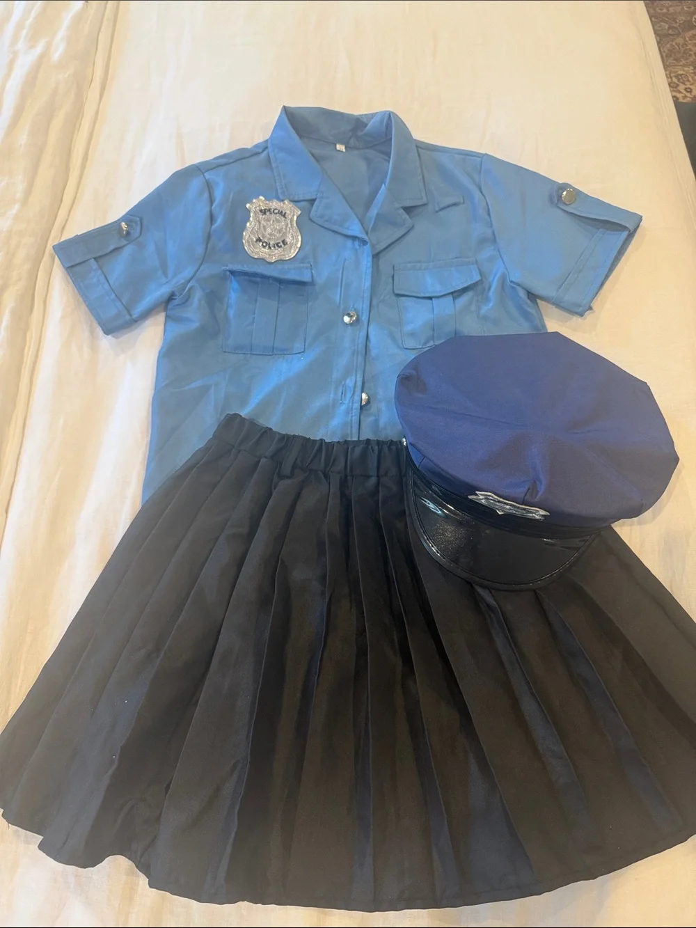 Kids Police Costume Set - Blue Shirt, Black Skirt & Navy Hat